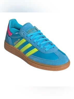 adidas Blue Suede Sneakers with Neon Yellow Stripes and Pink Heel